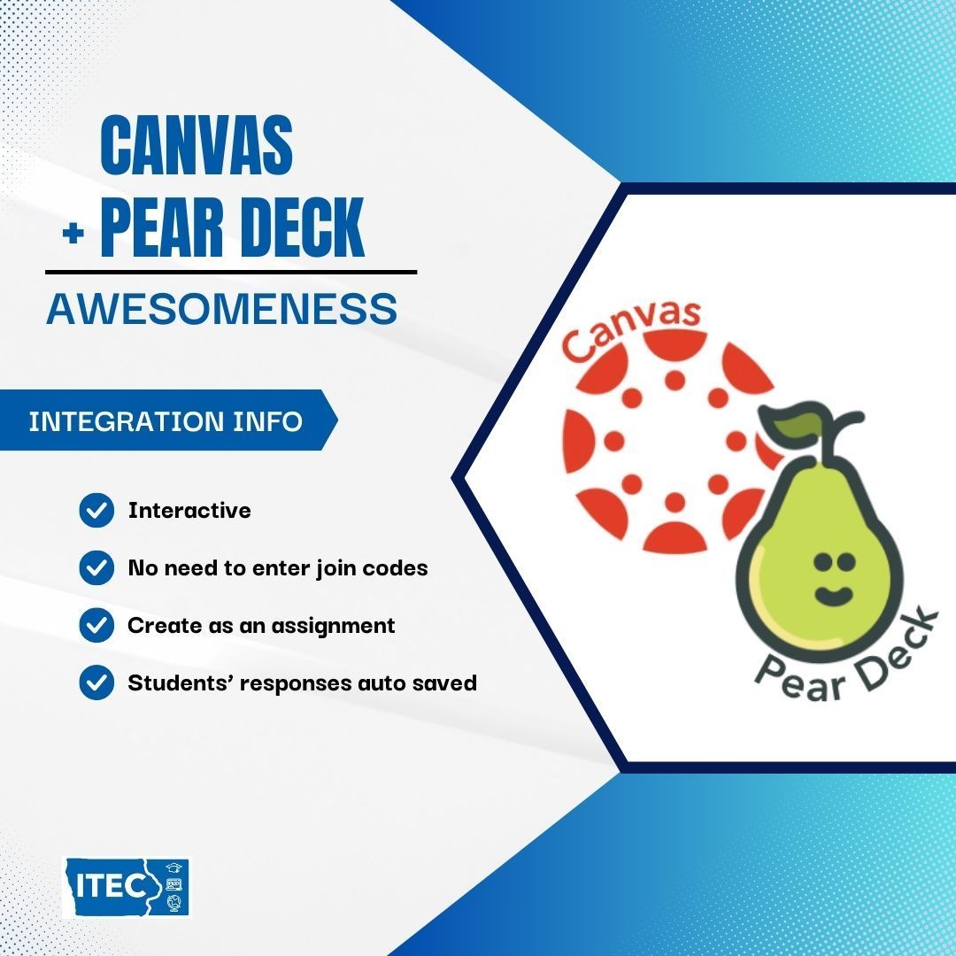 Did you know that Pear Deck integrates seamlessly with Canvas? For Iowa Educators, you have premium access to @PearDeck Those using @Canvas_by_Inst as their LMS, click the link below to learn more. 🔗 buff.ly/4aqnFlq #itecia #edtech #education