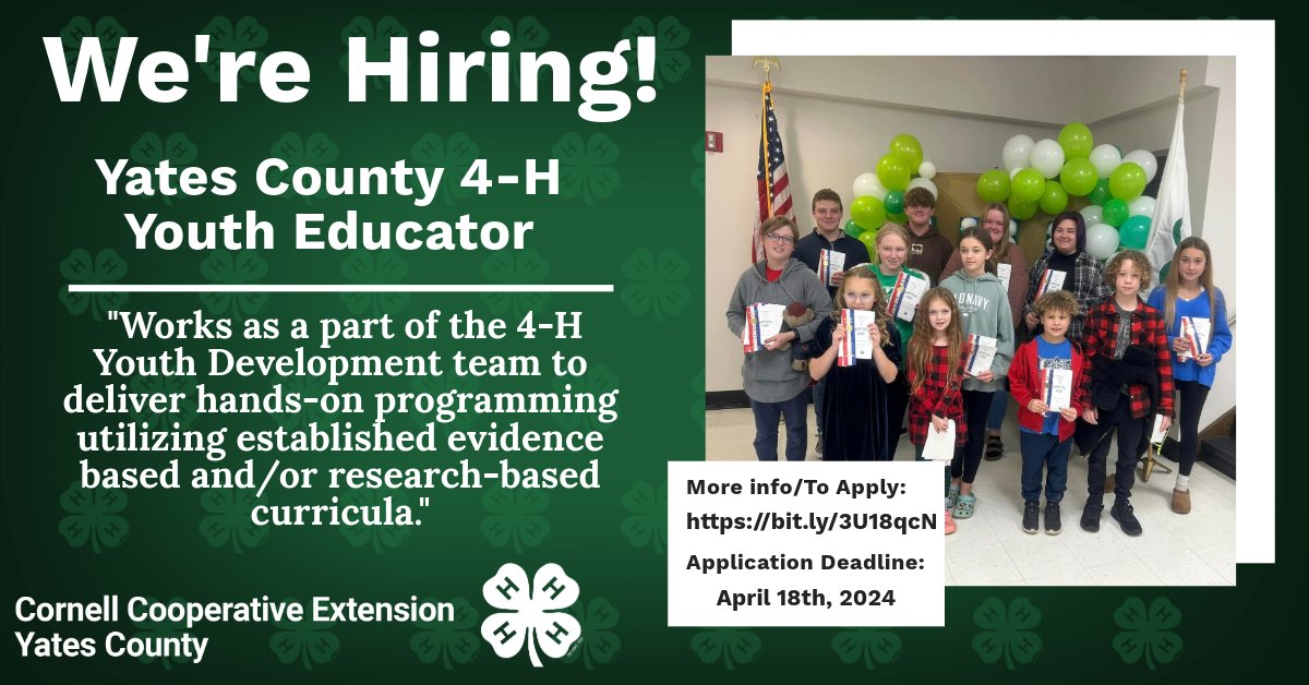 Yates County 4-H is hiring a Youth Educator. For more information or to apply, visit bit.ly/3U18qcN. Applications MUST be in by April 18th, 2024.