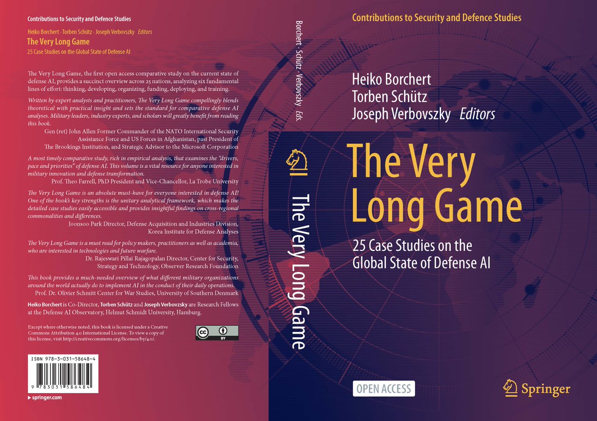 📢 DEFENSE AI VOLUME: UPDATE📚 We have a cover🚀. Happy to inform you that Springer moved 'The Very Long Game' to production - expect the book to hit the (digital) stores on 16 July 2024. For more, see link.springer.com/book/978303158…