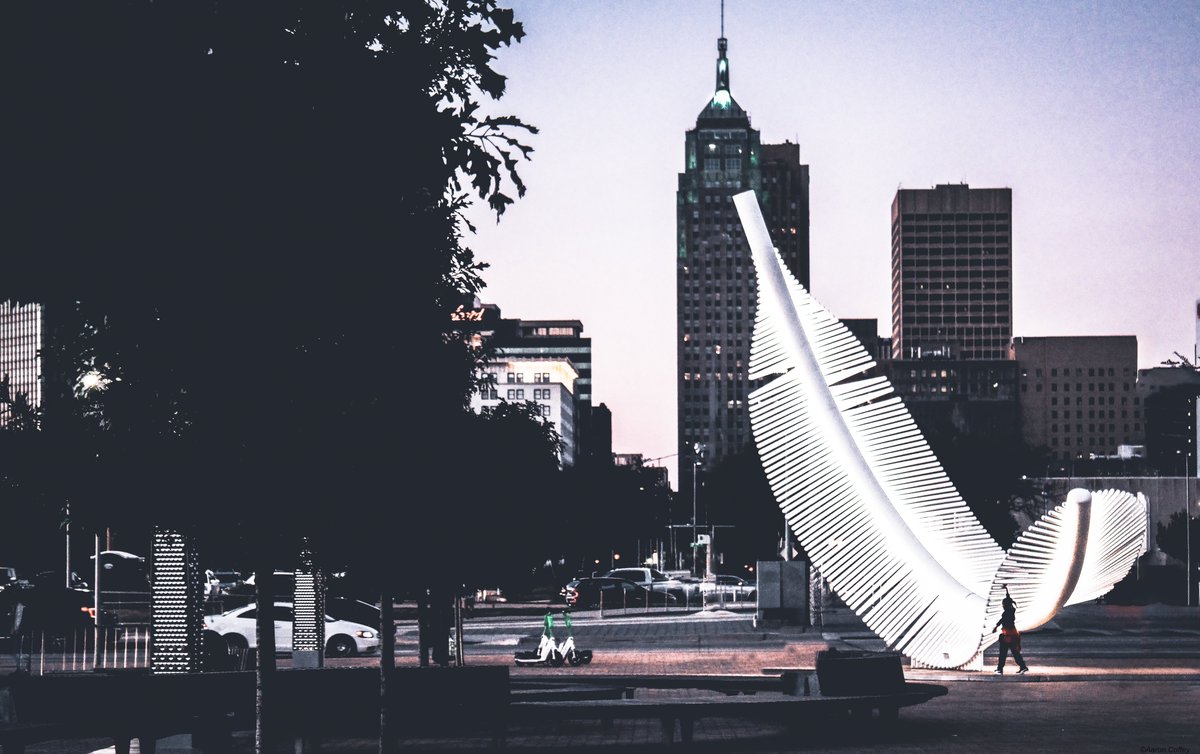 GM! Stay curious & young at ❤️ friends as you travel through your days. This image I captured was in Oklahoma City near ScissorTail park. The giant feather really was a contrast to the fading day as it illuminated the scene. Def a fun one to capture. -OPStudios