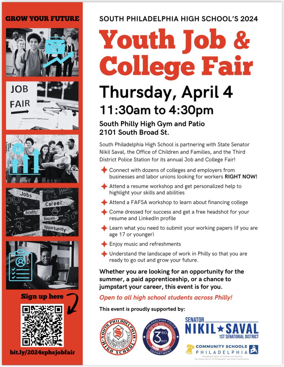 #Philadelphia youth!  Are you in high school and looking for: 📷Summer jobs? 📷Opportunities to connect with colleges? 📷Resume and FASFA support?  If YES, join us on Thursday, April 4 at @SouthPhilaHS for their annual Job and College Fair!
#job #jobfair #summerjob #jobphilly
