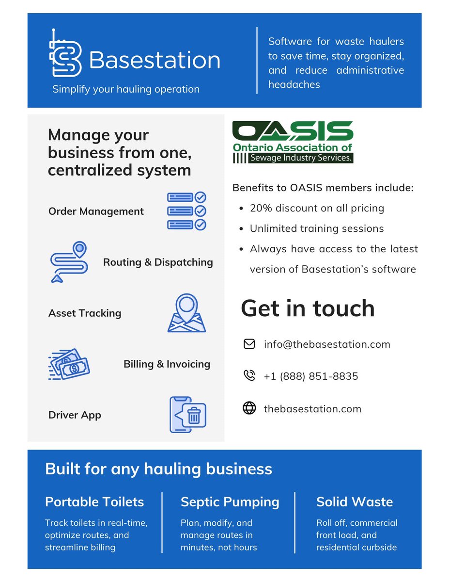 “Basestation is a software solution for portable toilet and septic haulers to optimize routes, track toilets, &amp; streamline billing.”

🔹#DYK that members of OASIS receive a 20% discount at Basestation?

Learn more about our new Affiliate Partner here: thebasestation.com