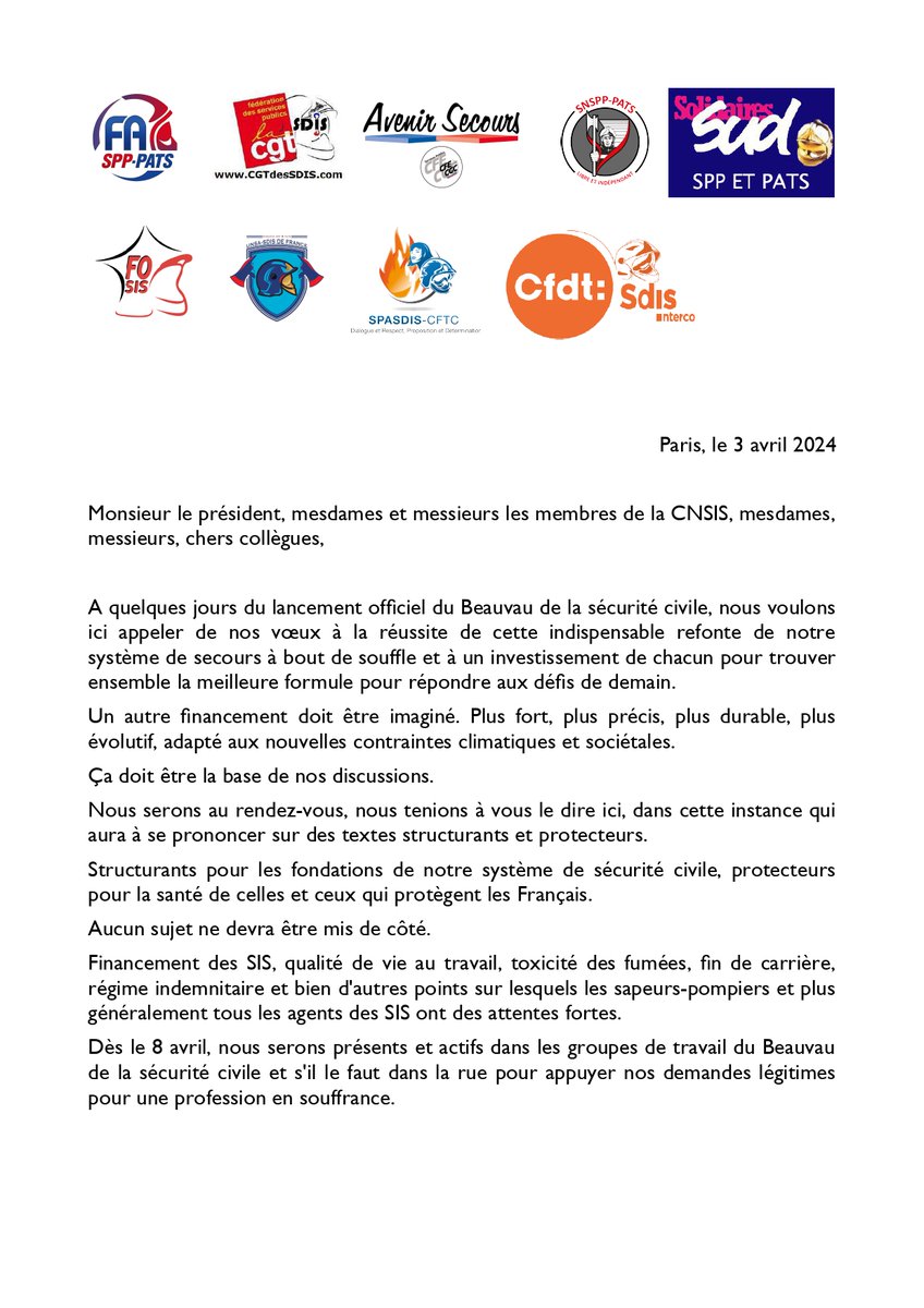 ℹ️ Retour sur la plénière de la #CNSIS de ce jour ➡️Déclaration liminaire de l'intersyndicale ➡️ttps://www.facebook.com/pompiers.cftc ❌Annonce possible report du Beauvau au 23 avril, sans confirmation officielle du DGSCGC🤔 #pompiers #PATS #officiers #SPASDIS #CFTC