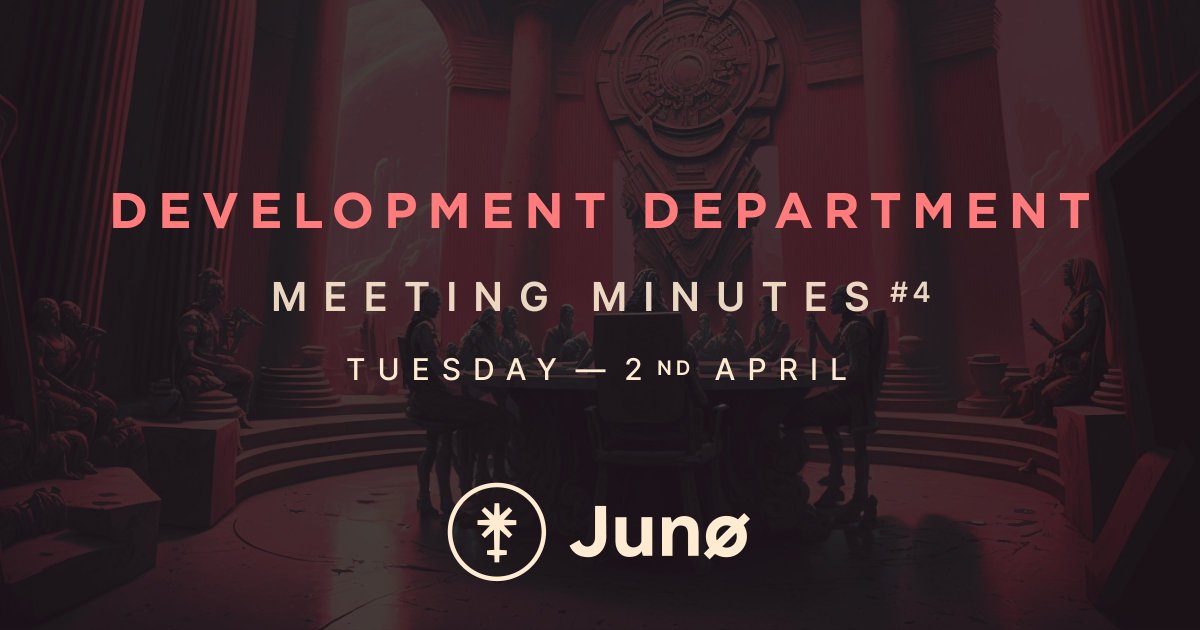 📢 Meeting Minutes & Highlights 🏛️ $JUNO Development Dept. 📅 𝗗𝗮𝘁𝗲: April 2nd, 2024 ✍️ 𝗛𝗶𝗴𝗵𝗹𝗶𝗴𝗵𝘁𝘀: Vesting discussions, approval of previous meeting minutes, GitHub & asset ownership policies, critical infrastructure updates, Q2 budgeting, drafting department…