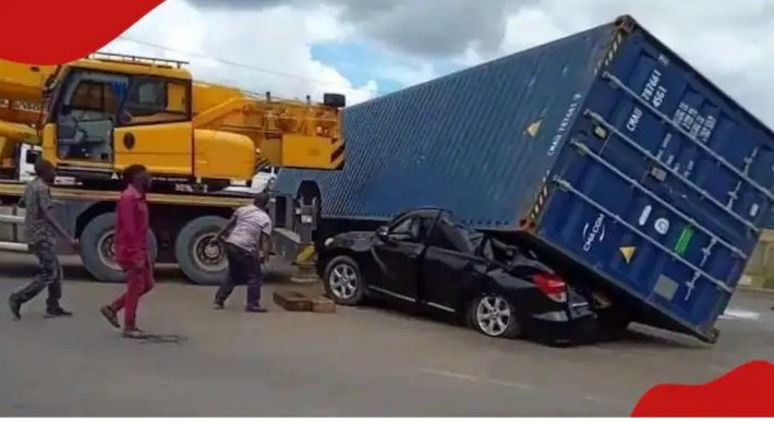 Miracle as a lady and her children are counting themselves lucky after having an encounter with death and lived to tell the story. This comes after their vehicle was completely crushed by a heavy-duty trailer at Benedicta, Utawala, along the Eastern bypass.