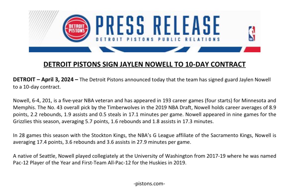 The @DetroitPistons announced today that the team has signed guard Jaylen Nowell to a 10-day contract.