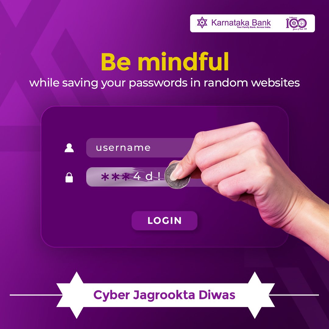 Unlocking the power of cyber awareness!
Make sure that the sites your are logging in are authentic. It is also advisable to not put your passwords/pin while on a public wifi.

#karnatakabank #cyberjagrooktadiwas #besafe #fraudalert #bankingfraud #banking #easybanking