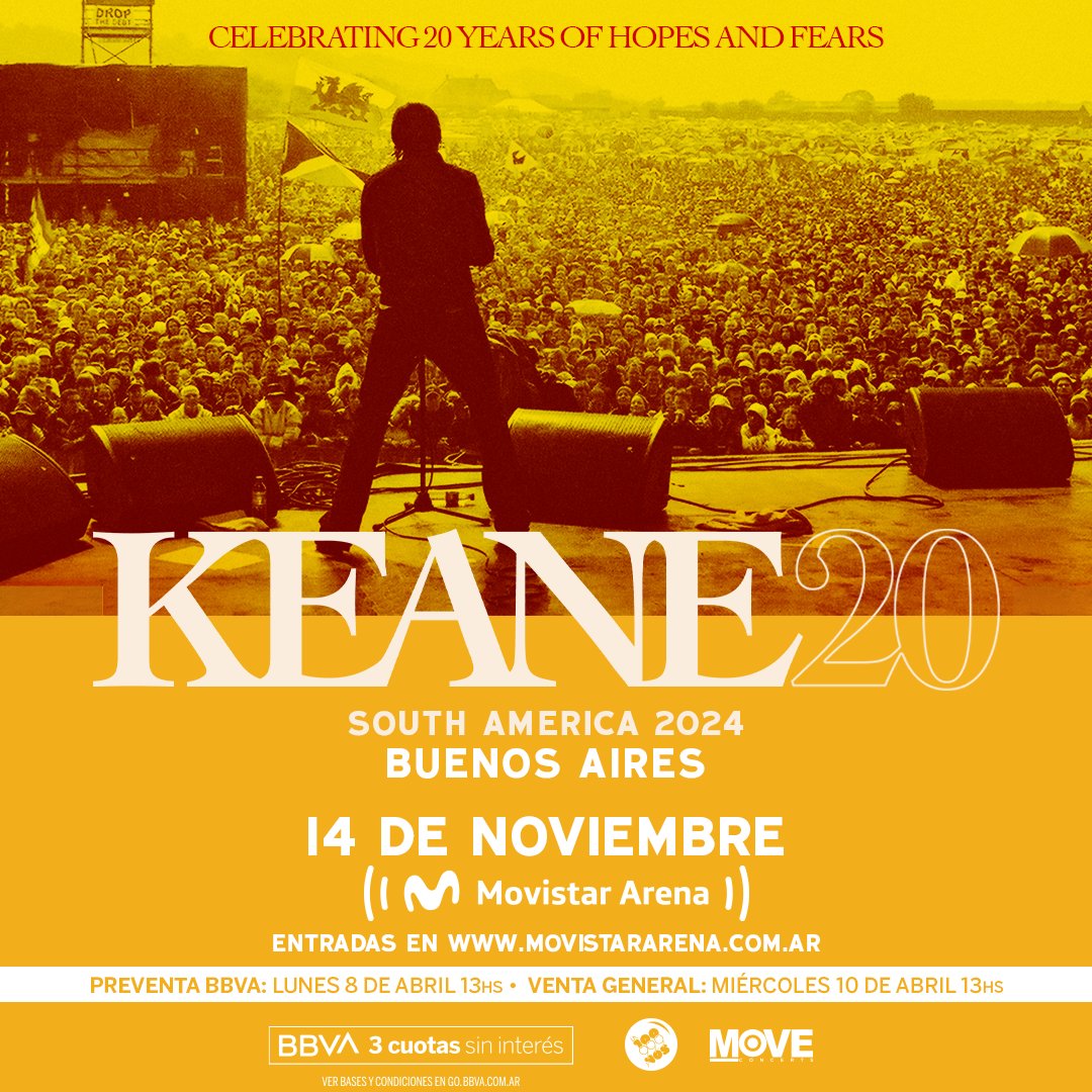 Pogopedia's tweet photo. 🙌🏽 KEANE REGRESA A LA ARGENTINA 🇦🇷
💿 Celebrando 20 años de 'Hopes and Fears'

🗓️ 14 de noviembre
🏟️ Movistar Arena

🎟️ Preventa BBVA desde el 8/4 a las 13hs por la web de Movistar Arena.
🎫 Venta General desde el 10/4 a las 13hs. https://t.co/QZsO0ZFpPw