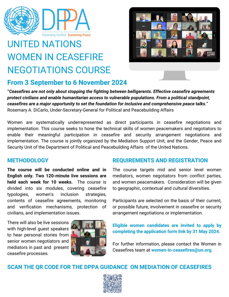 UN Political and Peacebuilding Affairs (@undppa) on Twitter photo 📢 <a href="/UNDPPA/">UN Political and Peacebuilding Affairs</a> is pleased to announce the fourth edition of the “Women in Ceasefire Negotiations” online course! Women practitioners engaged in peacemaking with a focus on ceasefires and security arrangements can apply by 📅 31 May 👉 forms.office.com/pages/response… 📢 <a href="/UNDPPA/">UN Political and Peacebuilding Affairs</a> is pleased to announce the fourth edition of the “Women in Ceasefire Negotiations” online course! Women practitioners engaged in peacemaking with a focus on ceasefires and security arrangements can apply by 📅 31 May 👉 forms.office.com/pages/response…