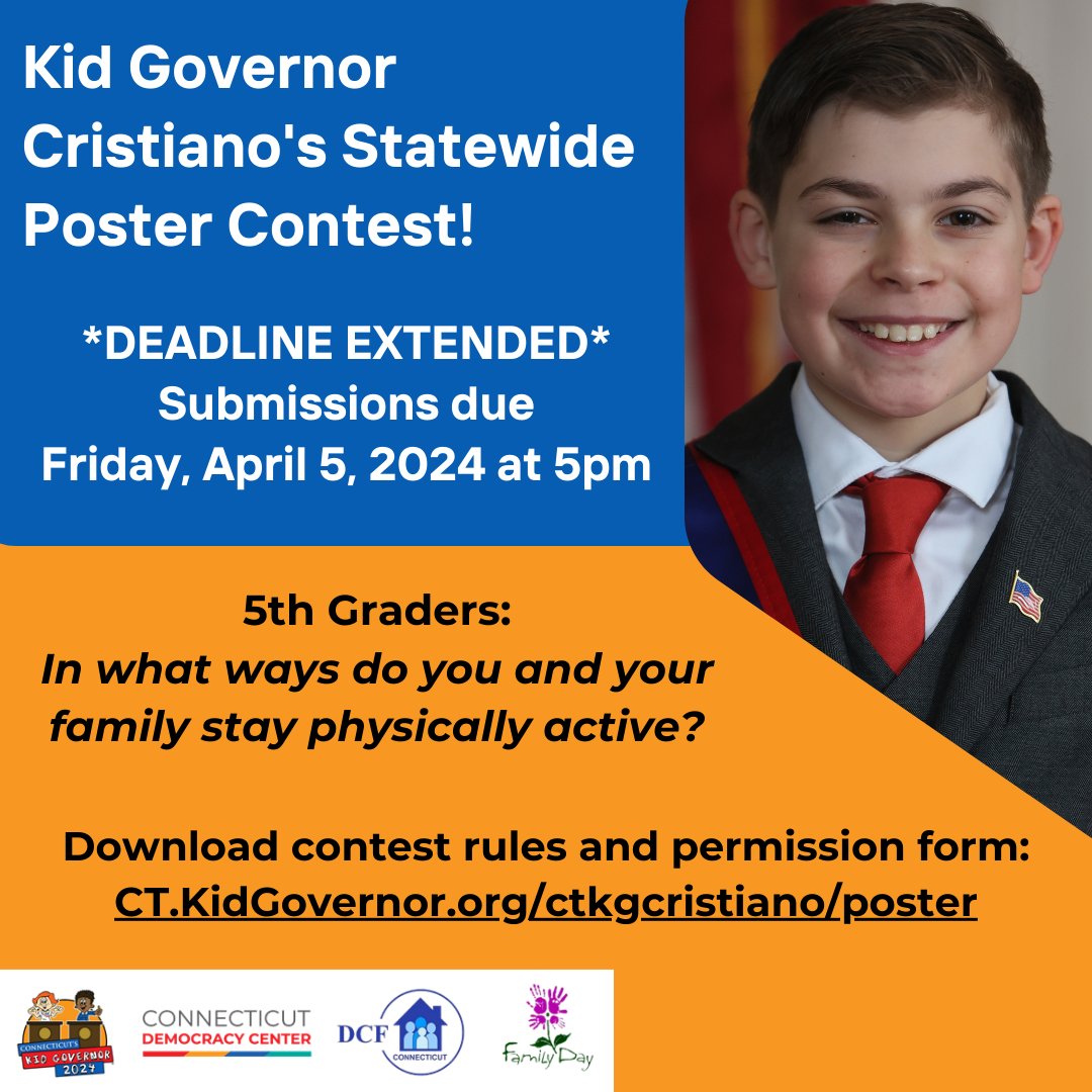 *DEADLINE EXTENDED* POSTER CONTEST ENTRIES NOW DUE FRIDAY, APRIL 5 at 5:00PM! Teachers have asked for more time, so we're extending the deadline to THIS Friday, April 5 at 5:00 PM! Don't miss out on the chance to shine! For more info, visit: ct.kidgovernor.org/ctkgcristiano/…