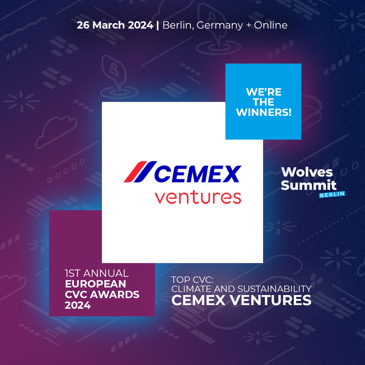 Cemex Ventures has been named the Top European Climate & Sustainability CVC by @WolvesSummit ! 🏆 The awards recognize the top Corporate #VentureCapital firms and our work in investing in #Cleantech startups to foster the construction revolution and build a more sustainable