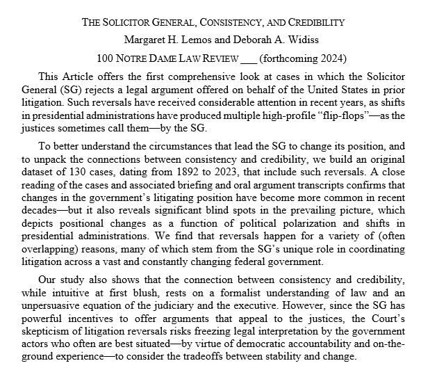 Excited to share a forthcoming article, 'The Solicitor General, Consistency, and Credibility,' by Margaret Lemos and me that will be published in @NotreDameLRev. Comments welcome! Working draft available here: papers.ssrn.com/sol3/papers.cf…