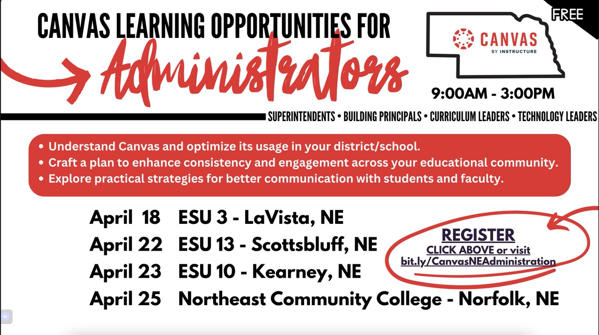 🎉The #ESUCC's #Nebraska Canvas Consortium is hosting several FREE opportunities in April for school leaders to learn how to leverage @Canvas_by_Inst for its full potential impact on teaching and learning in your district. ⬇️Register Today⬇️ bit.ly/CanvasNEAdmini…