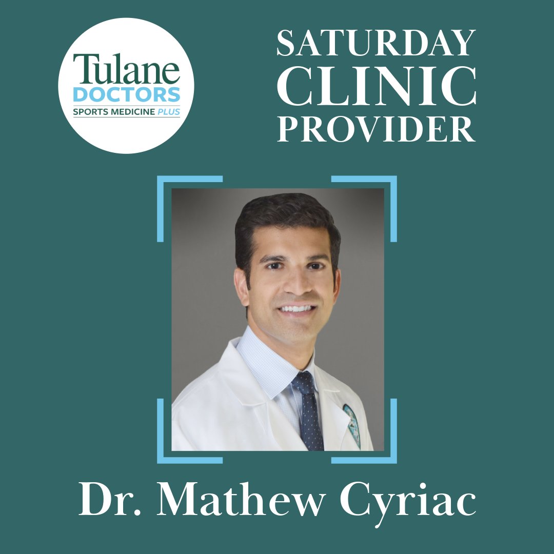 Dr. Cyriac will be available in Lakeview this Saturday. Our clinic starts at 8 am, if you're a high school athlete walk-ins are welcome! Call us at 504-988-0100 if you'd like to request an appointment.
