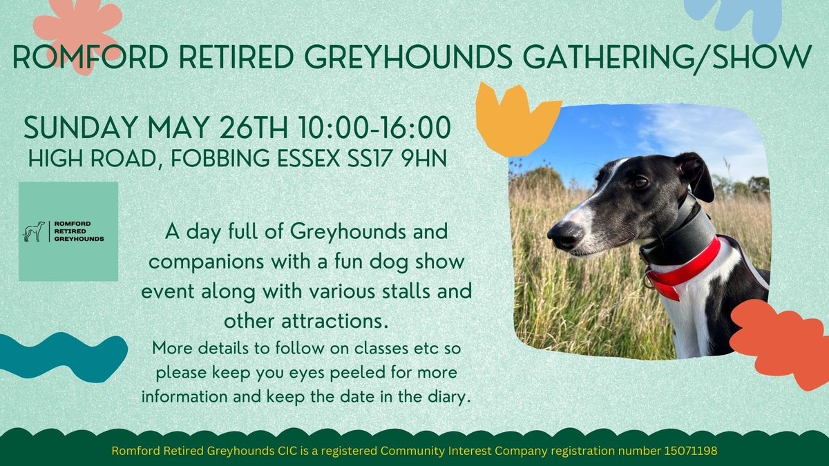 Save the date! Sunday May 26th Greyhound fun show and gathering, at Fobbing, Essex. About time we all had a show celebrating our wonderful hounds. More details on classes to follow entries on the day. Romford Retired Greyhounds. #greyhounds #greyhoundsmakegreatpets