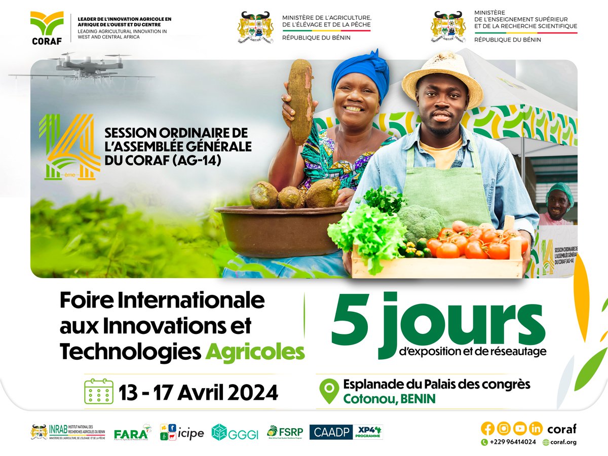 📢C'est bientôt le #CORAFAG14 au Bénin 🇧🇯!
Du 15 au 17 avril 2024, découvrez :
✅Des discussions de haut niveau ;
✅Des événements parallèles ;
✅Des visites de terrain ;
✅Une foire agricole internationale...
 
Cette #AG14 promet d'être riche en échanges et en découvertes !