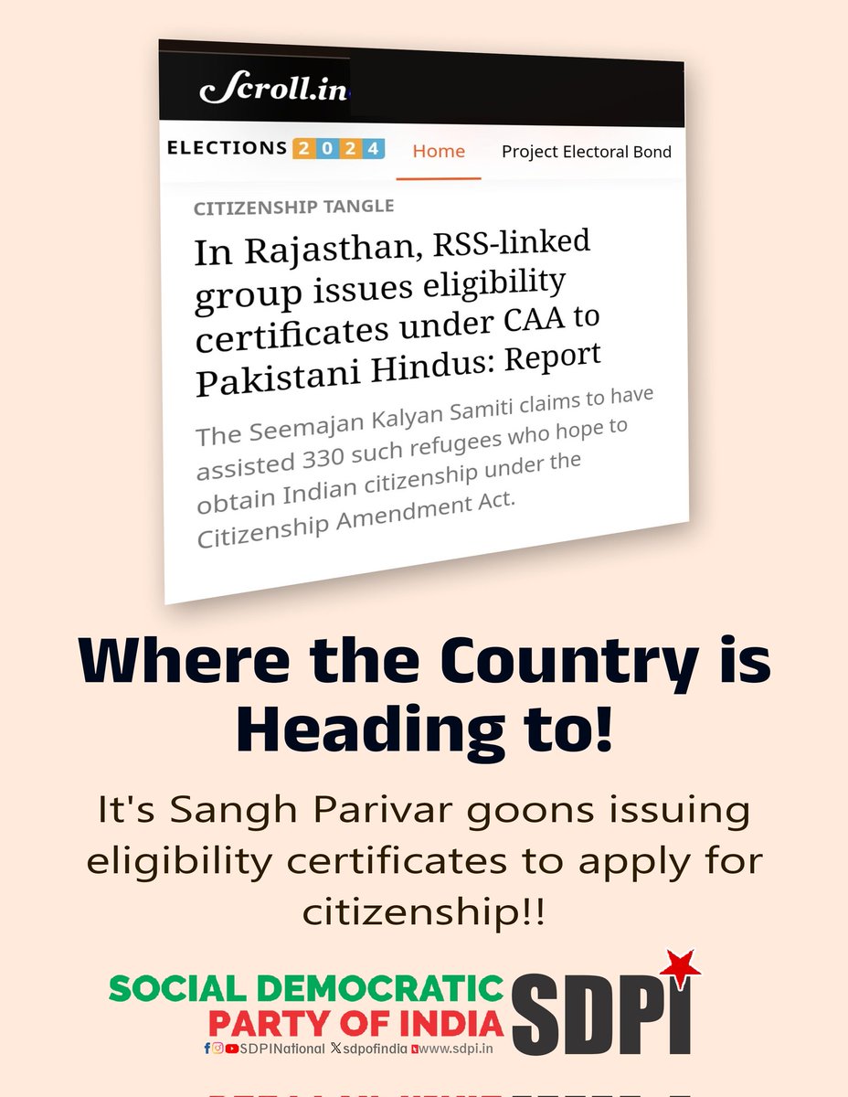 The news of a fringe Sangh Parivar element in Rajasthan issuing 'eligibility certificates' to the migrants is of no surprise in the current India, where the Sangh Parivar has run roughshod over the rule of law. #CAA
