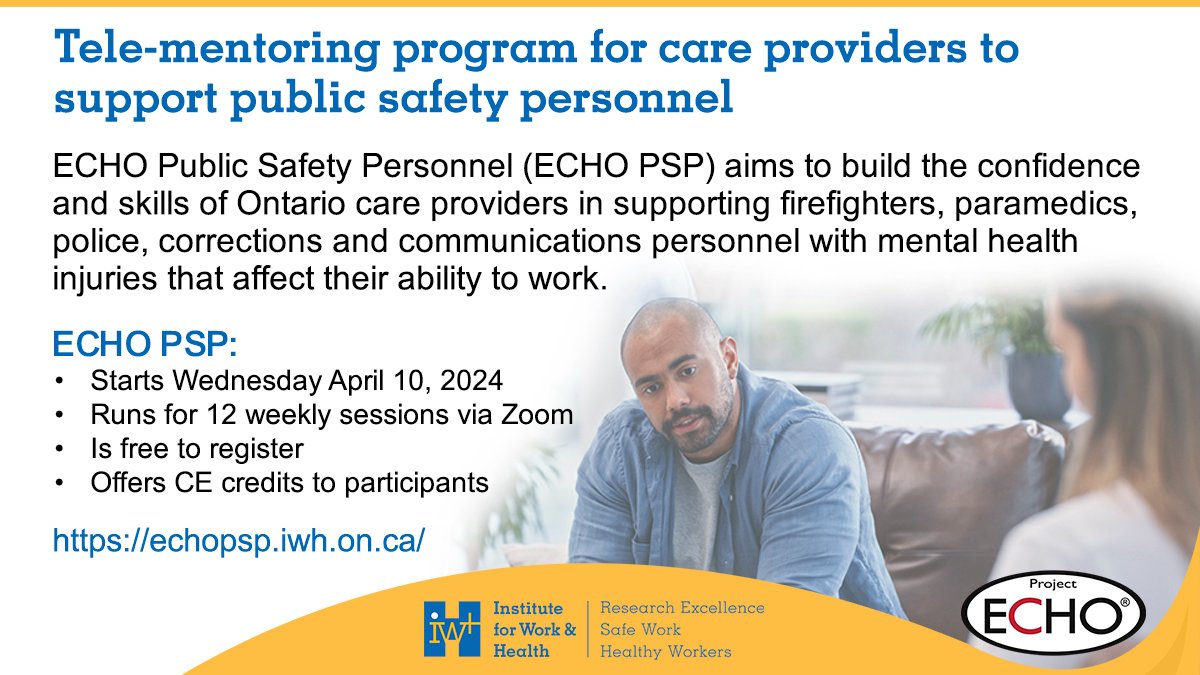 ATTENTION: Ontario psychologists, occupational therapists, social workers who support the mental health of public safety personnel! Register now for online community of practice starting April 10, 2024: echopsp.iwh.on.ca #mentalhealth #ONPsych