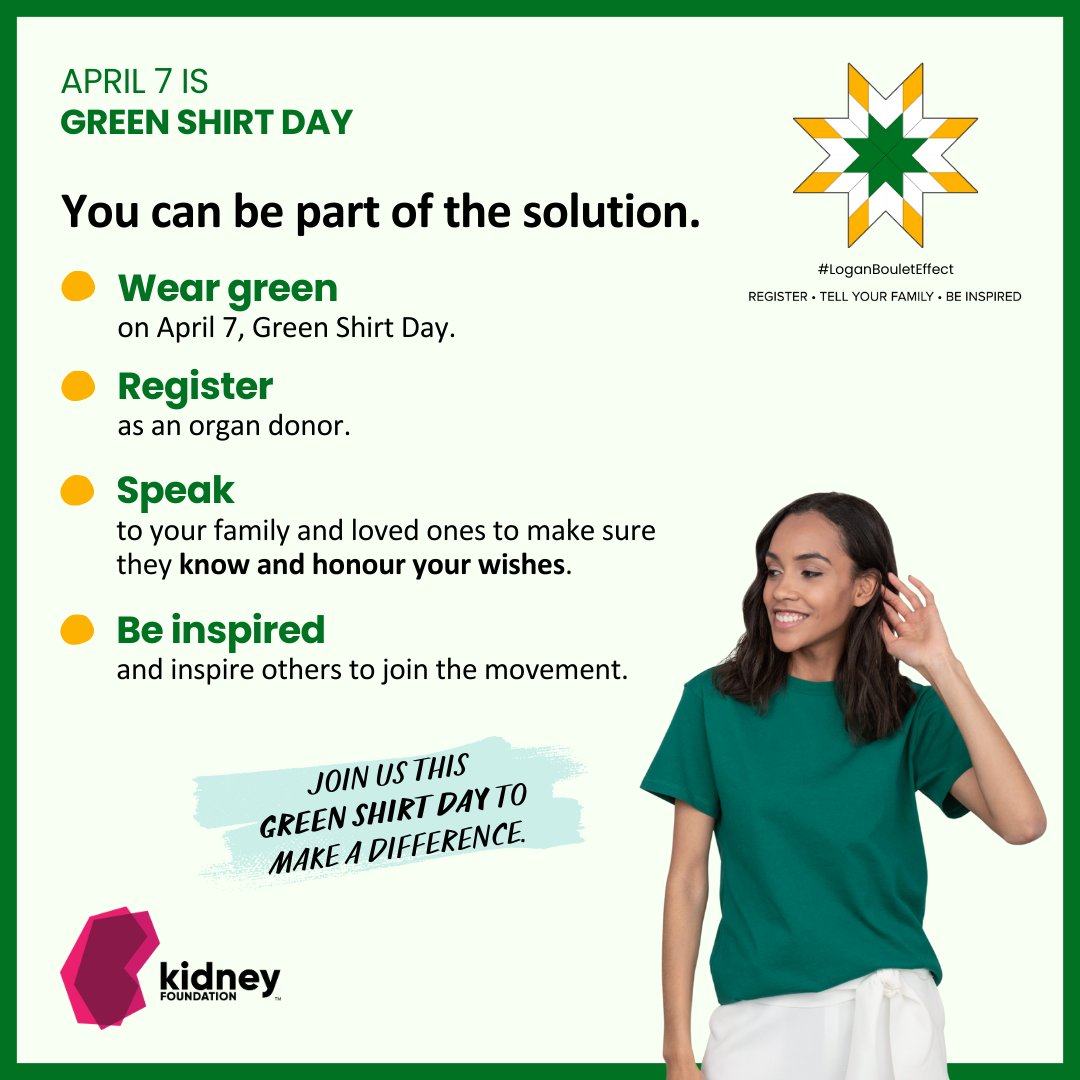 This #OrganDonationAwareness month, participate in @GreenShirtDay and become a part of the solution! Let’s spread awareness about the importance of organ and tissue donation and registering as an organ donor. Learn more here: bit.ly/kidney-GreenSh…