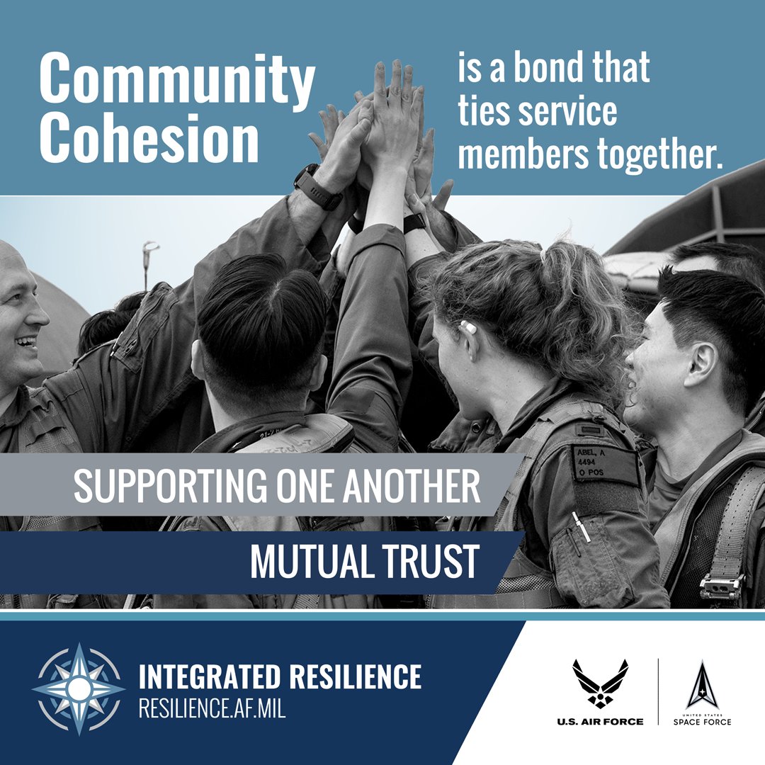 Community Cohesion is a bond that ties service members together. This bond is essential in creating a safer environment and reducing violence and conflict. Community cohesion includes supporting one another and building a culture of mutual trust. #TotalForce