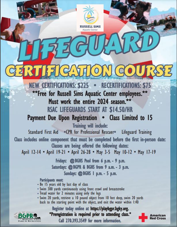 Only six more Lifeguarding Classes will be offered this season. What's even better is that if you work for Russell Sims Aquatic Center this summer, BGPR will pay for your class. Register online today at ow.ly/1P1F50R6x0c. Still not sure? Contact 270-393-3549 for more info.