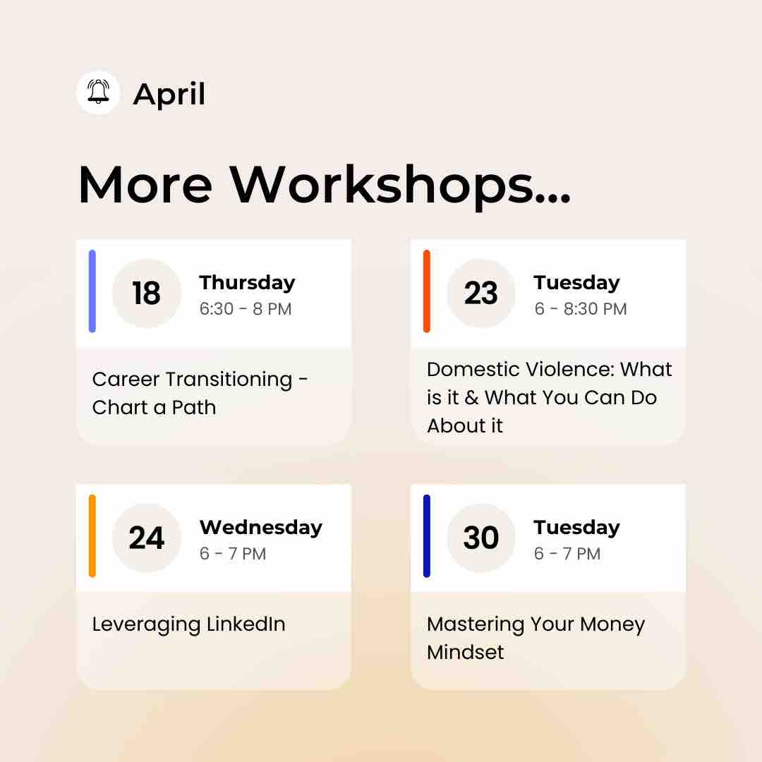 WomensCenterorg's tweet image. Have you registered for our April workshops yet? 🌟 Starting tomorrow, we have amazing sessions to guide you on your journey of self-development. Don’t miss out—hurry up and secure your spot now! bit.ly/43GB3i2 #Workshops #AprilEvents
