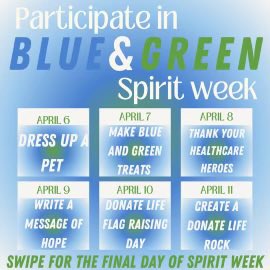 The countdown to Blue 💙& Green 💚Spirit Week is underway! Check out all the different activities for the week! 🥳🥳
|
|
|
@donors1 #universityofscranton #scranton #donatelife #nationaldonatelifemonth #organdonation #blueandgreenspiritweek