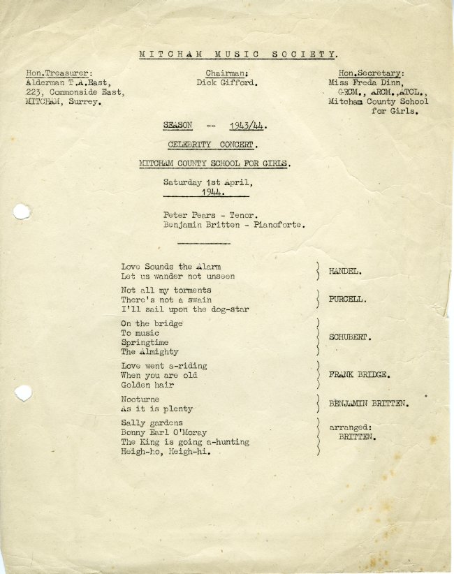 An anniversary I just missed: 80 years (and 2 days) ago, Britten and Pears performing at Mitcham County School for Girls, with music by Handel, Purcell, Schubert, Britten's mentor Frank Bridge, and Britten himself. The style of the programme reflects wartime paper-saving.