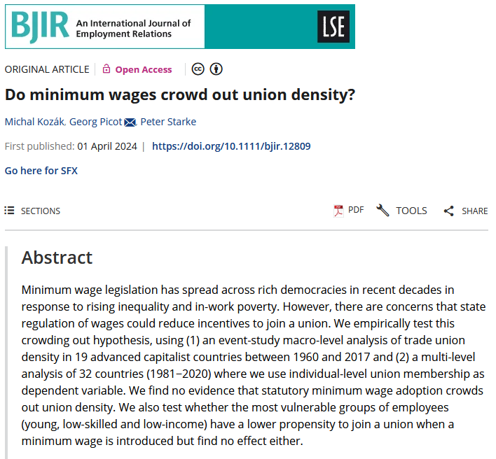 New article by Michal Kozák, Peter Starke and me in @BJIR_Editor! Are workers less willing to join unions when there is a statutory minimum wage? ...or at least low-wage workers? @UiB_sampol @UiBsamfunn @POINSproject 🧵1/6