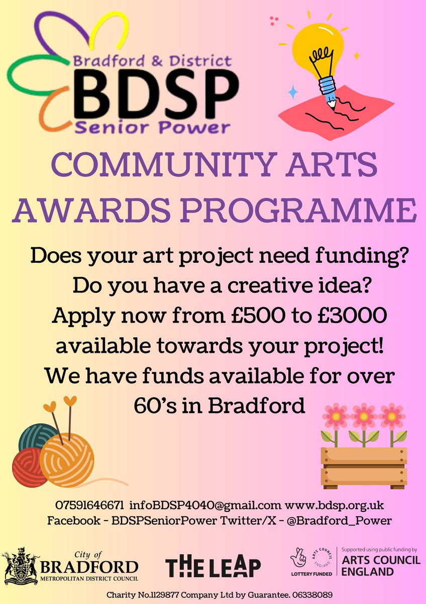 Do you have a creative idea? Does your art project need funding? 📢 Our Creative Place Partner, #BDSP are offering awards up to £3000 for anyone over 60s in Bradford. Get in touch 07591646671 for more info. #theleapBD #Communityledculture #Bradford #ArtsCouncilEngland #Create