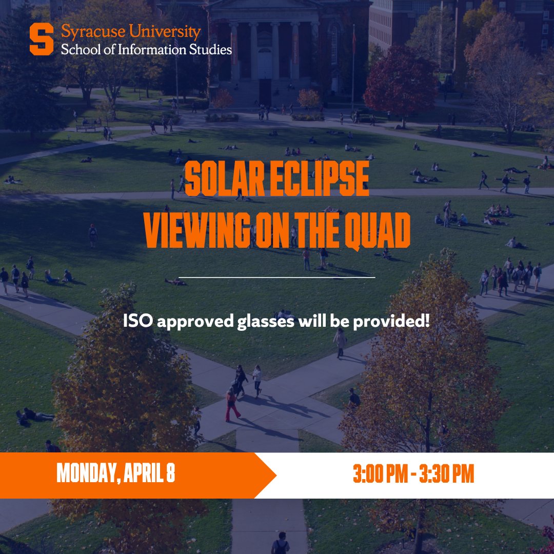 Stop by the quad next Monday for a solar eclipse viewing! ISO approved glasses will be provided. 🌑🌒🌓