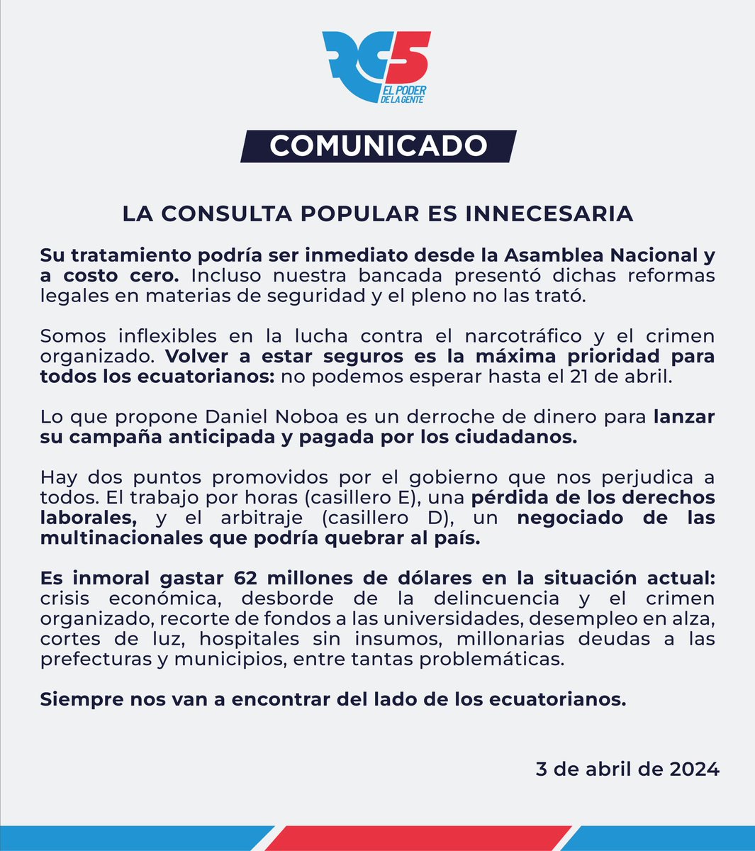 #ConsultaInnecesaria🇪🇨 
La Consulta es innecesaria porque se podría tratar inmediatamente desde la Asamblea Nacional y a costo cero. Incluso nuestra bancada presentó dichas reformas legales en materias de seguridad y el pleno no las trató.

🧵