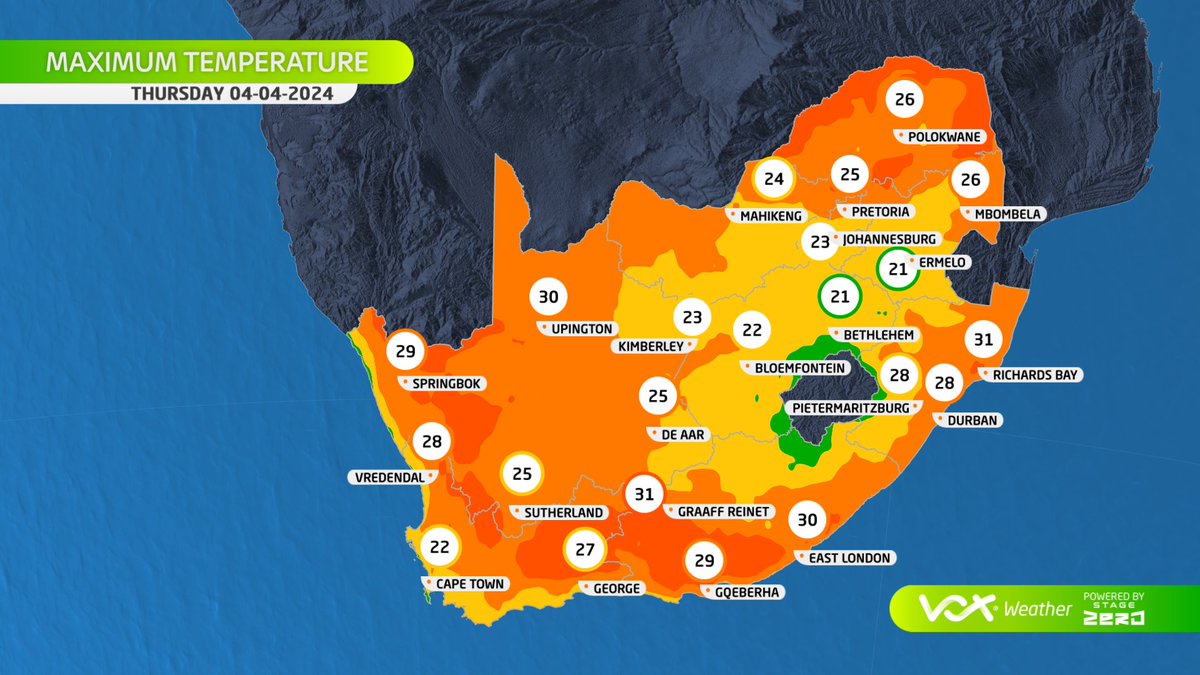 WEATHER for this THURSDAY – 04 April 2024 Warming up over the southern parts of the country due to bergwinds ahead of a cold front. Scattered showers & thunderstorms over the central parts of the country this Thursday. Meteorologist Michelle Cordier LIVE at 6pm on #VoxWeather