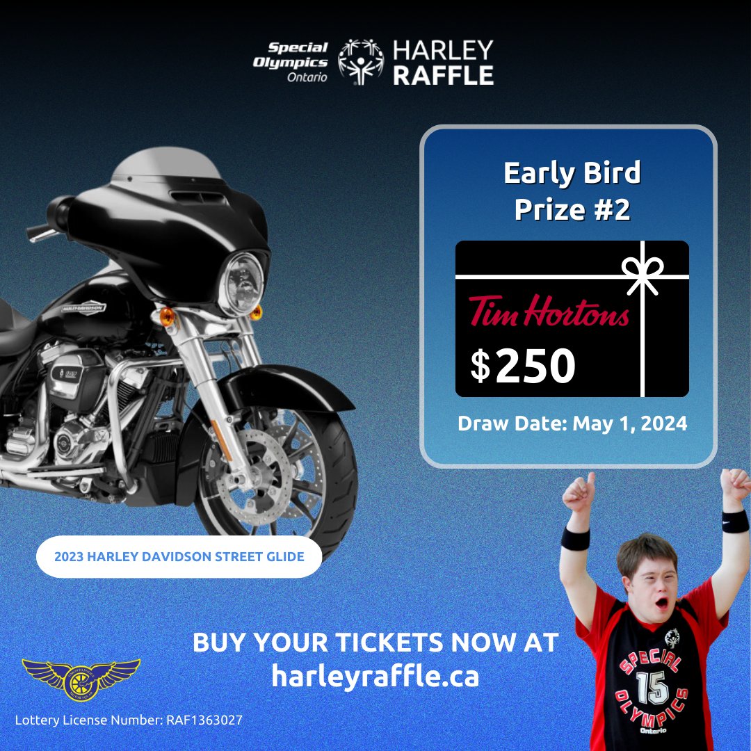 We've got another Early Bird Prize for one spring chicken! If you buy your Harley Raffle tickets before the end of the month, you could win a $250 Tim Horton's gift card! 🍩 Visit harleyraffle.ca to purchase.