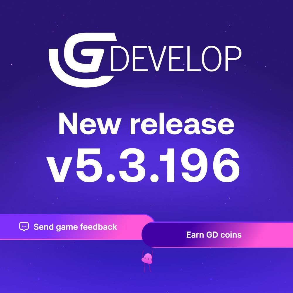 📣 GDevelop 5.3.196 🖊️Improving Game Feedbacks 🗓️Yearly subscriptions Bug fixes, improvements, new assets & game templates! github.com/4ian/GDevelop/… #GDevelop is a free, #opensource, 2D and 3D #nocode #game #engine