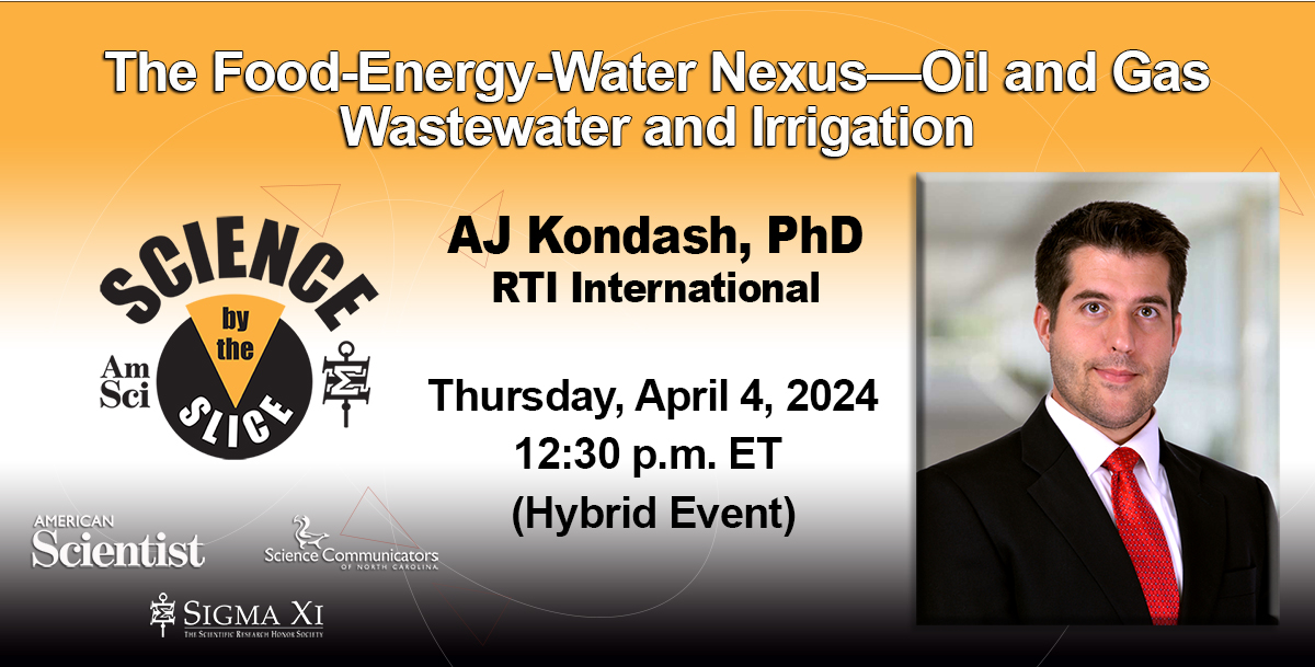 Join us TOMORROW for our April #SciencebytheSlice lunch lecture, featuring @RTI_Intl's AJ Kondash. Attend In-person or virtually at 12:30 ET. #freepizza #energy #environmentalscience @AmSciMag @sconc 
REGISTER: ow.ly/J2Rr50R2mXL