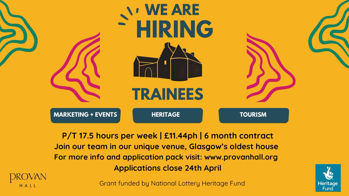 We are excited to announce our paid traineeships at Provan Hall, supported by @HeritageFundSCO. Please see our website for full details: provanhall.org/opportunities-… #provanhall #jobopportunity #traineeship #tourism #scottishtourism #trainee #scottishheritage #heritagetourism