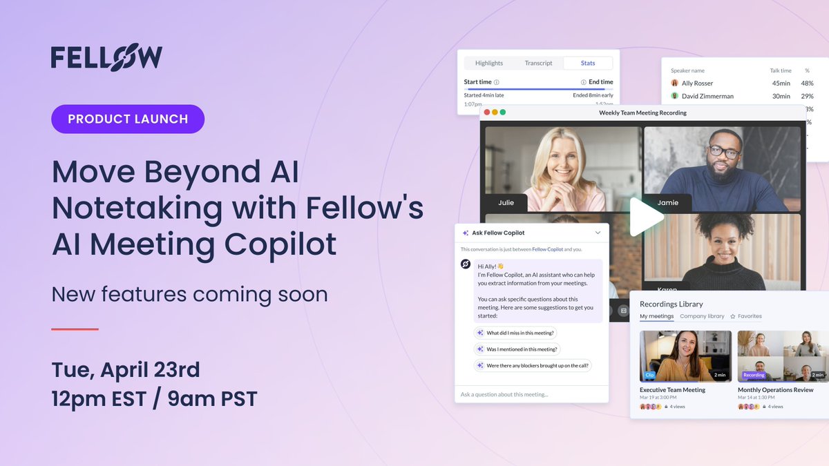 Something big is coming from Fellow ✨ 👀 You've heard of AI Notetaking for your meetings, now Fellow's AI meeting copilot is here to take you far beyond that with brand new features. Sign up here to be the first to see what we've got in store for you. 🚀 buff.ly/49r6hLM