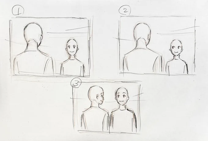 ラフ絵は酷いけど①くらいの距離感で奥の人の目線がこのくらいだと向かい合ってる2人の目線は合ってるんだけど…さっきまで直してたカットも②みたいに奥の人が明後日の方向見てて😑多分距離感とか関係無く手前の人が居る方向見させてるだけなんだろうな〜😩
③くらい近いとその目線にはなるけど… 