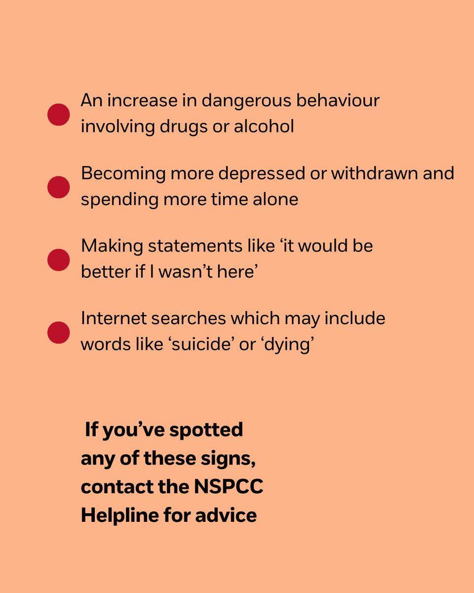 🧡 THOUGHTS OF SELF HARM 🧡

If you're worried that a young person may be showing signs of having suicidal feelings or thoughts of self-injury, it's important to act quickly.

Find out more on ways to help and support on our website: nspcc.org.uk/.../childrens-…

#NSPCCJersey #NSPCC