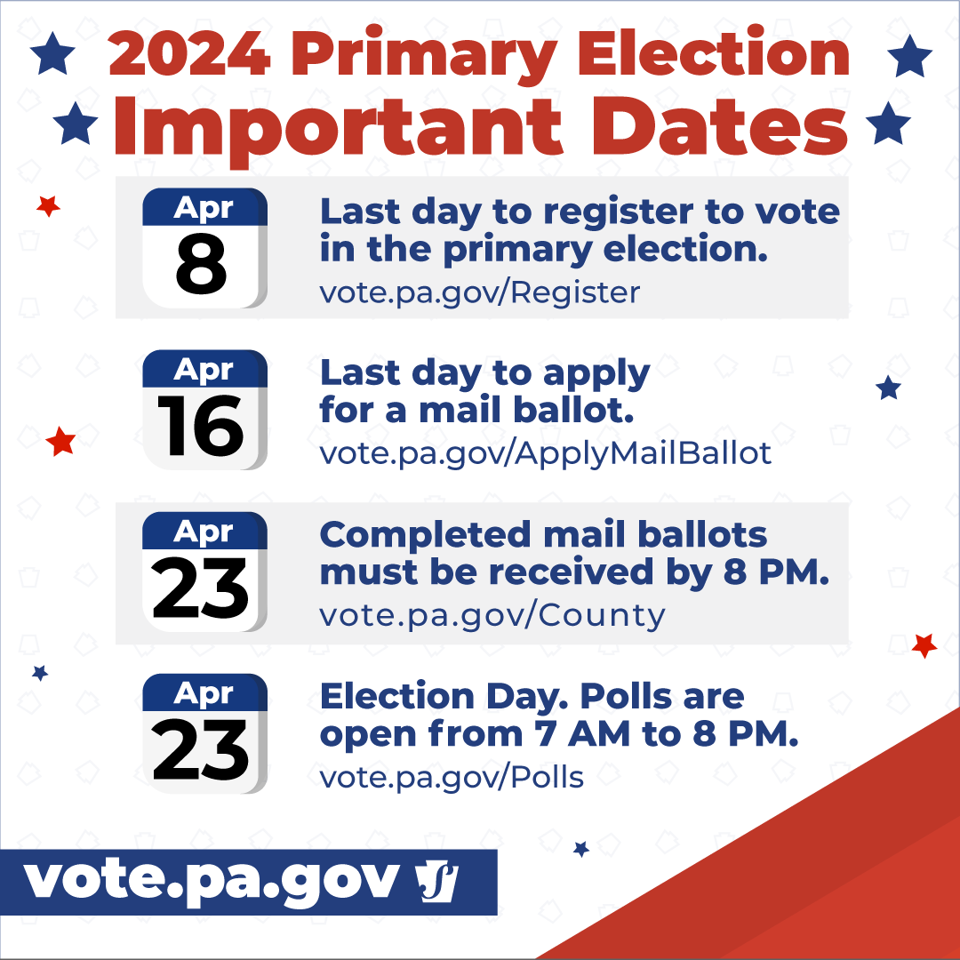 With the #PAPrimary less than a month away, make sure you're aware of the upcoming deadlines for voters. #ReadytoVotePA 🗓️ April 8 - Voter registration deadline 🗓️ April 16 - Last day to apply for a mail ballot 🗳️ April 23 - Election Day. Polls are open 7 AM to 8 PM…