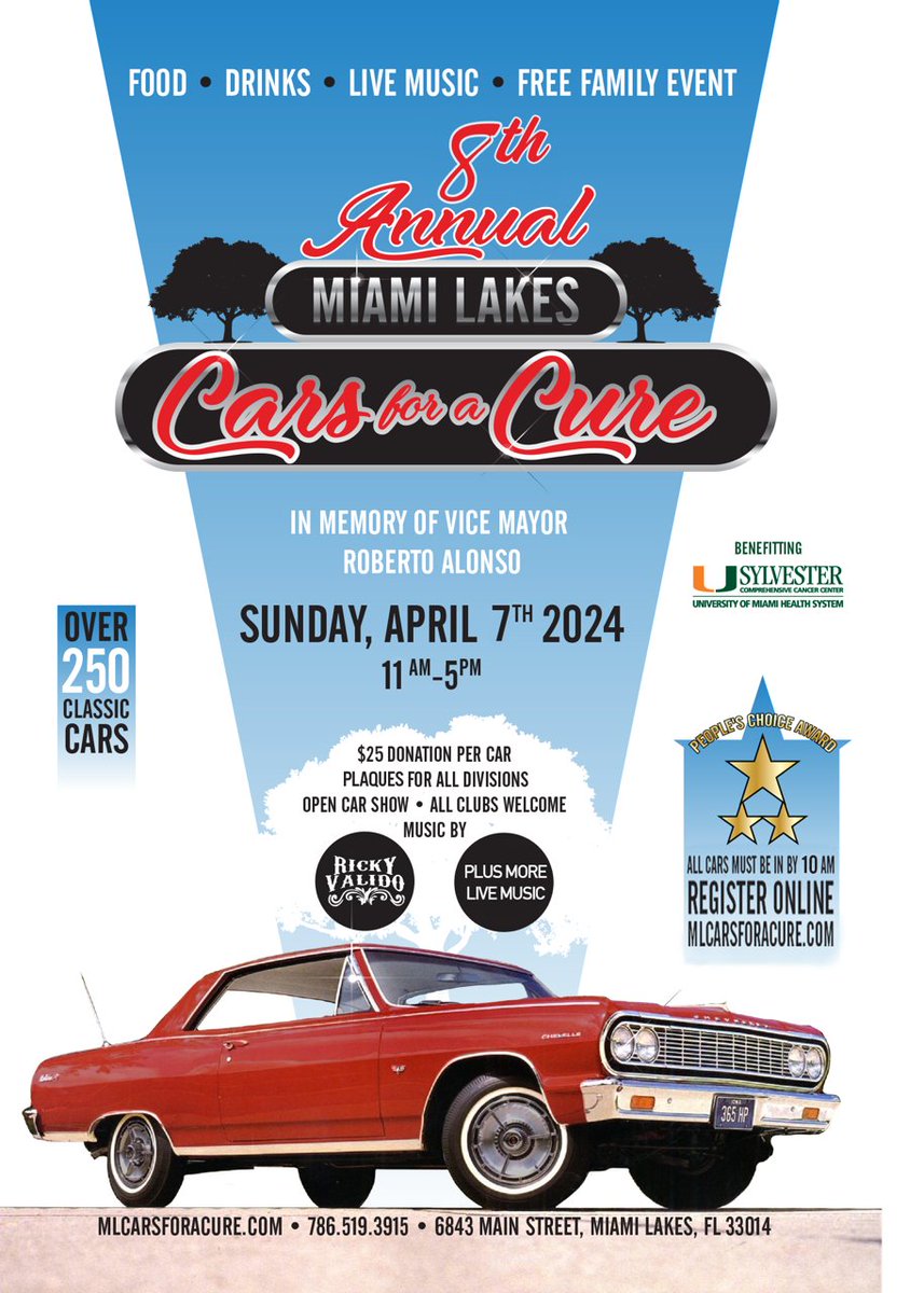 .@MiamiLakesNews will be hosting their 8th Annual Cars for a Cure Event on Sunday, April 7th from 11 AM - 5 PM. There will be food, live music, and fun for the whole family. Please see the flyer for more information. @TheMiamiLaker