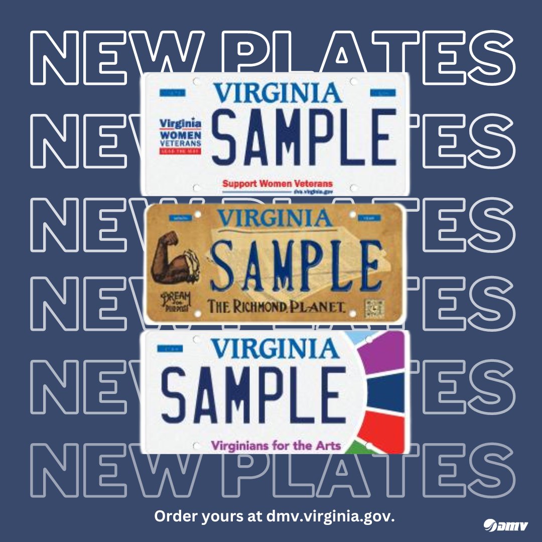 🚨New Plates🚨 Interested in a new plate for you or a loved one? Check out these recent additions to our collection! These are just a few of many customizable options to choose from. Start your order today: dmv.virginia.gov/vehicles/licen….