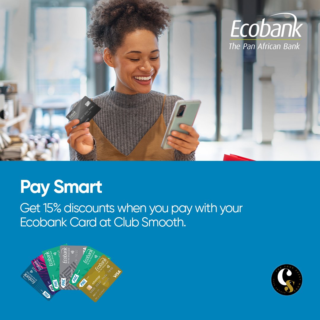 Experience the ultimate savings thrill! Pay with your #EcobankVisaCard at Club Smooth Restaurant and enjoy a generous 15% discount. Don't miss out on this exclusive offer! Terms and conditions apply #Ecobank #ABetterWay