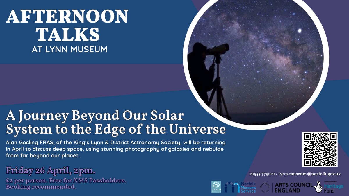 Our next afternoon talk A Journey Beyond Our Solar System to the Edge of the Universe is on Friday 26 April, 2-3pm! 🌠 Alan Gosling FRAS, of the King’s Lynn & District Astronomy Society, will discuss deep space with stunning photography. 🎟️ Book here: tinyurl.com/2p8wcr8t