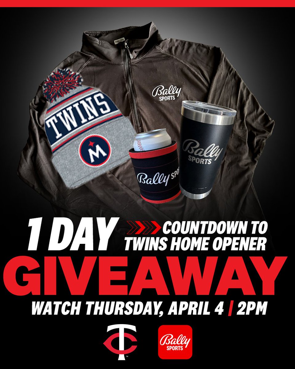 1 day until @Twins Home Opener! Follow @BallySportsNOR + repost this for a chance to score a Bally Sports Prize Pack to make #OpeningDay a home run! ⚾️ One-hour Twins Live - Thursday 2pm Not feeling lucky? First 10K fans on Thursday get a Twins beanie ➡️ Twins.com/Tickets…