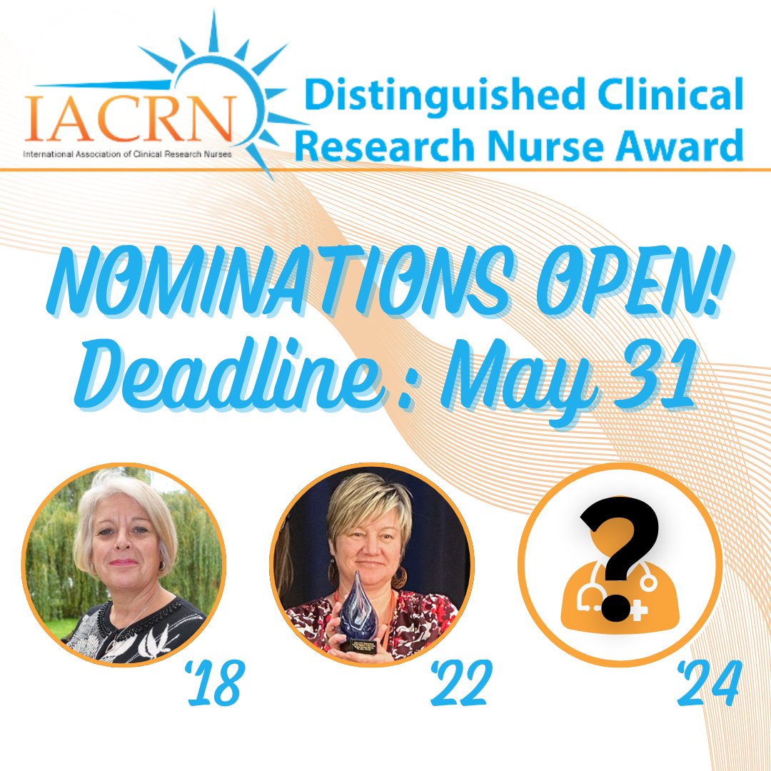 The IACRN seeks to honor a leader in clinical research nursing who exemplifies the mission of IACRN to define, validate, and advance the specialty practice. Nominate the next DCRNA recipient today 🏆 iacrn.org/nominate-DCRNA…