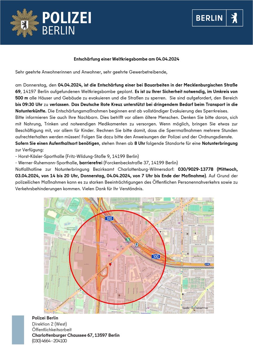 2/2
Weitere Infos finden Sie in unserer Anrainerinfo⬇️und in unserer #PM:berlin.de/polizei/polize…
Wir halten Sie morgen auf unserem Einsatzkanal <a href="/PolizeiBerlin_E/">Polizei Berlin Einsatz</a> zum Fortgang der Evakuierung und der Entschärfung auf dem Laufenden.
^tsm