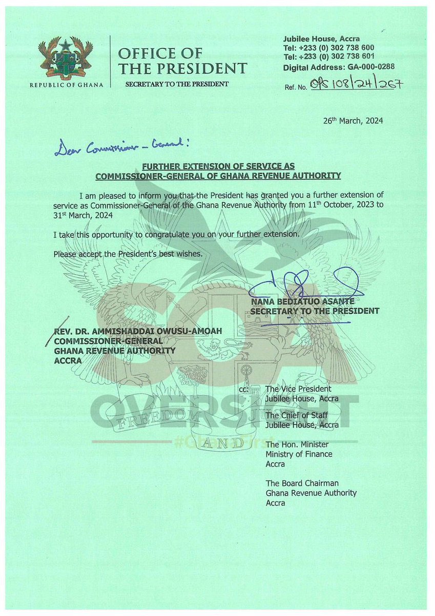 Intercepted letters from the Presidency shockingly reveal that President Akufo-Addo is hell-bent on doing everything possible to protect GRA Commissioner General, Rev. Dr. Ammishaddai Owusu-Amoah who served for close to three years without a contract after retirement. President
