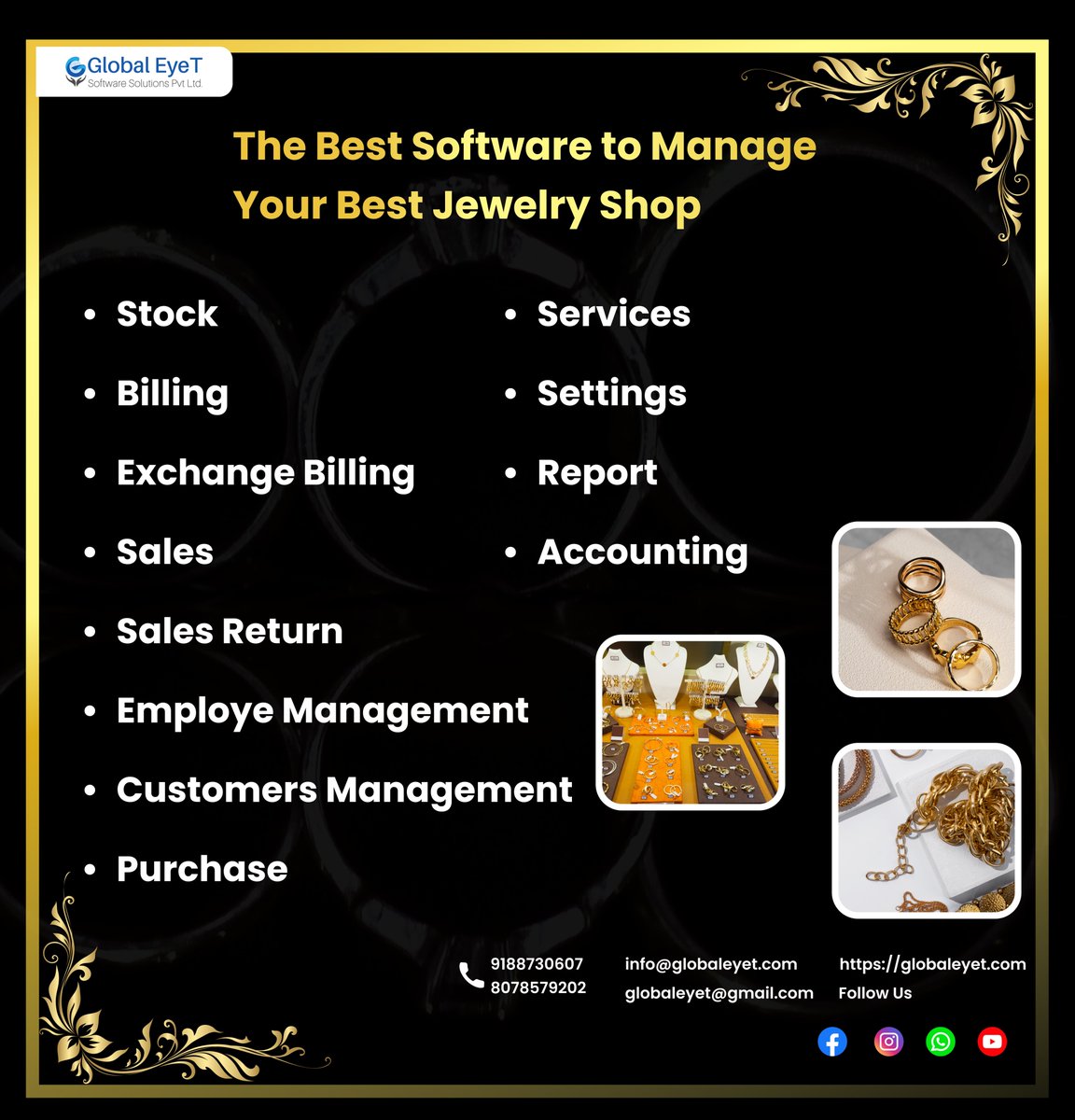 GlobalEyet's tweet photo. Are you tired of struggling with outdated, cumbersome billing systems for your jewelry business? Say goodbye to the hassle and upgrade to our state-of-the-art Jewelry Billing Software today!
Contact us today for a demo and see the difference for yourself! 
#JewelryBilling https://t.co/RiOe9NEhrQ